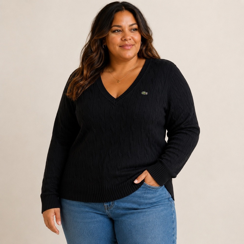Lacoste V-Neck Sweater Women's 46 Black Cable Knit Sweater Y2K Preppy Capsule